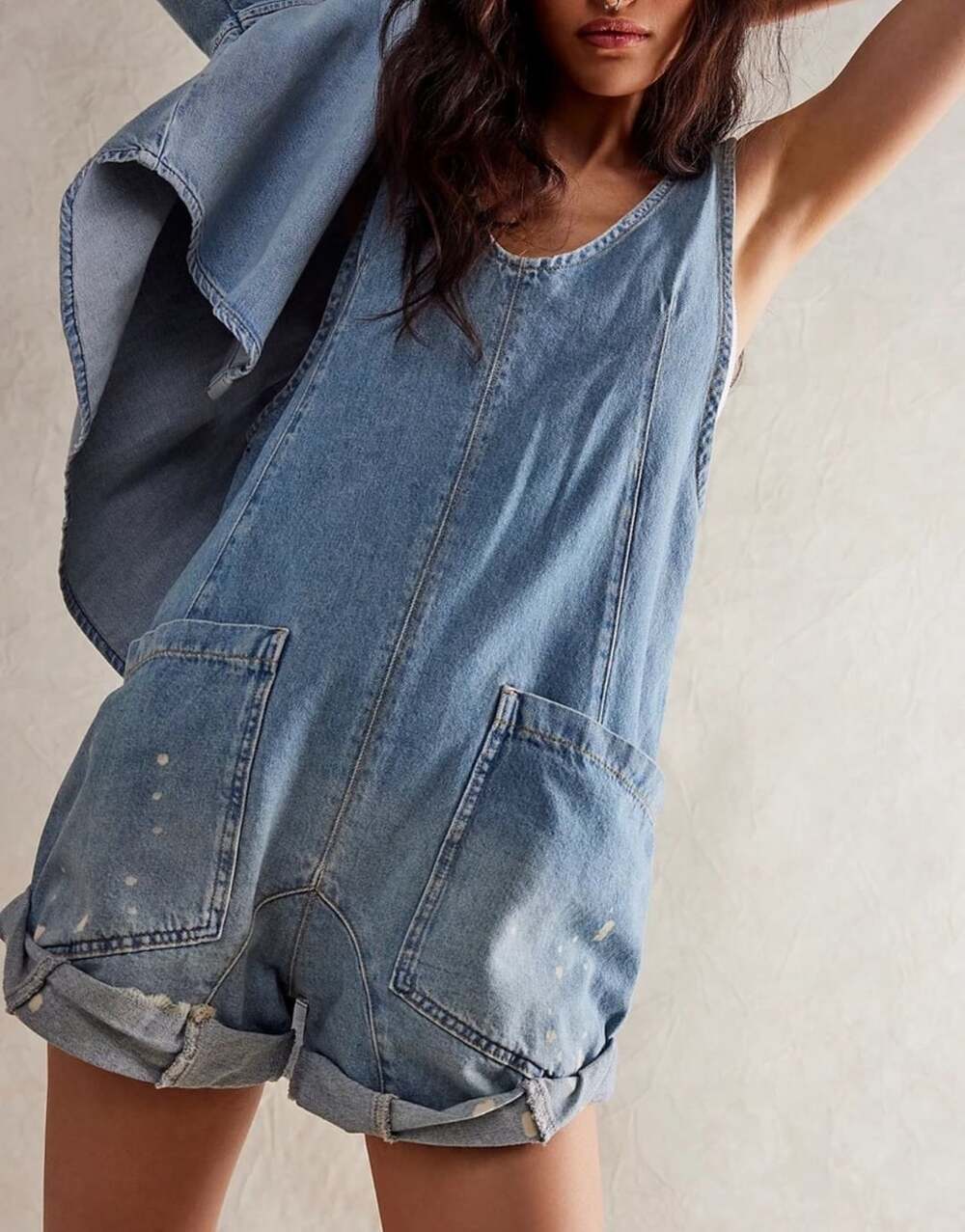 We The Free Free People Light Wash Denim Short Overalls Romper Size S